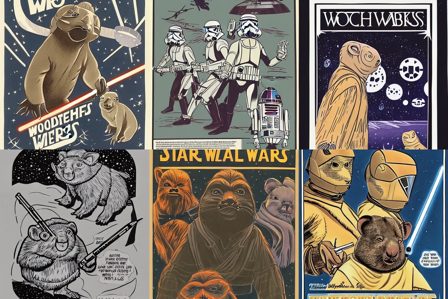 Prompt: star wars wombats by al hirschfeld