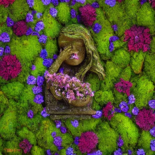 Prompt: a beautiful fantasy painting of a sculpture made of moss and flowers