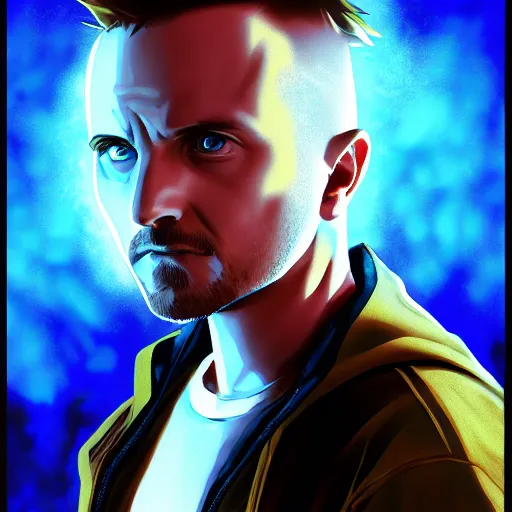 Image similar to portrait of jesse pinkman in the blue flame meth mode, anime fantasy illustration by tomoyuki yamasaki, kyoto studio, madhouse, ufotable, square enix, cinematic lighting, trending on artstation