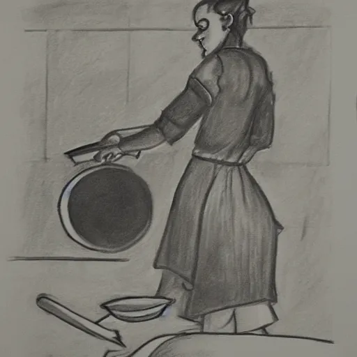 Prompt: charcoal action - drawing of a woman cooking, chopping vegetables, dramatic