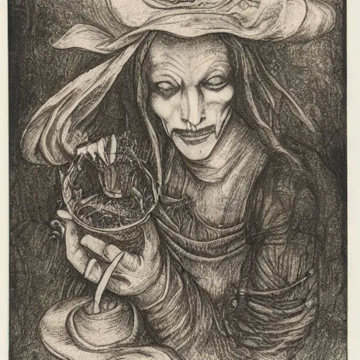 Prompt: luminus uncanny creepy witch's garden blob ray stem nectar liquor , by Judson Huss and Henriette Grindat and Albrecht Durer , An ink drawing , NFT , polaroid photo