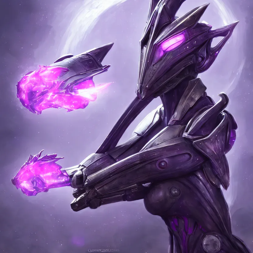 Image similar to cinematic bust shot, cosmic sized proportional stunning beautiful hot female warframe, detailed robot mecha female dragon head, metal ears purple eyes, sleek silver armor, fuschia skin, floating in empty space, nebula sized, posing elegantly, epic proportions, epic size, epic scale, furry art, dragon art, giantess art, warframe fanart, furaffinity, deviantart