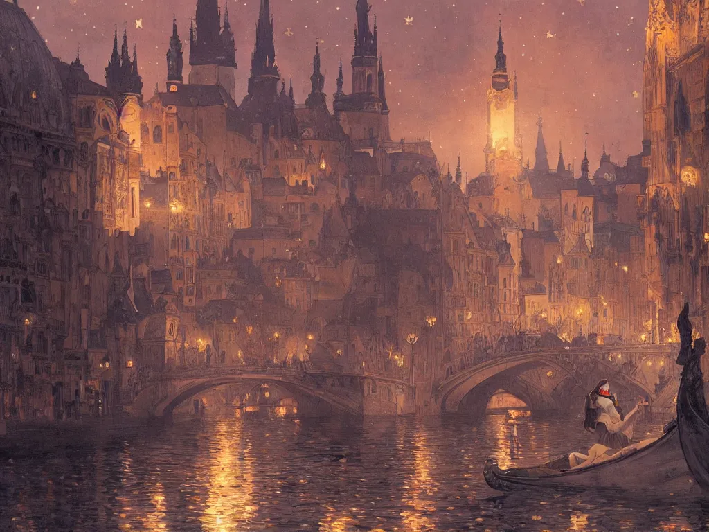 Image similar to a girl watching from the river of a city resembling prague, paris, and venice at night with the sky full of stars, intricate, elegant, highly detailed, digital painting, artstation, concept art, smooth, sharp focus, colored illustration for tattoo, art by krenz cushart and artem demura and alphonse mucha,