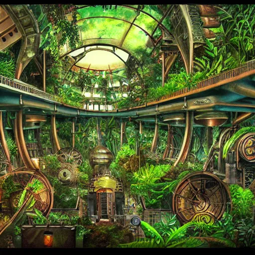 Prompt: inside an enormous steampunk machine room with lush vegetation growing around the machines, tropical trees, large green leaves, extremely detailed painting, 4k, vivid colors