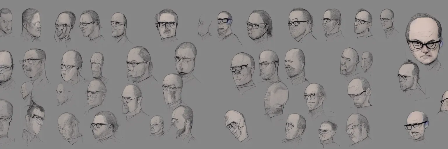 Prompt: colored character study of balding 4 5 yo mike patton and todd solondz, clear, evil, glasses, character sheet, fine details, concept design, contrast, kim jung gi, da vinci and pixar, trending on artstation, 8 k, full body and head, turnaround, front view, back view, ultra wide angle