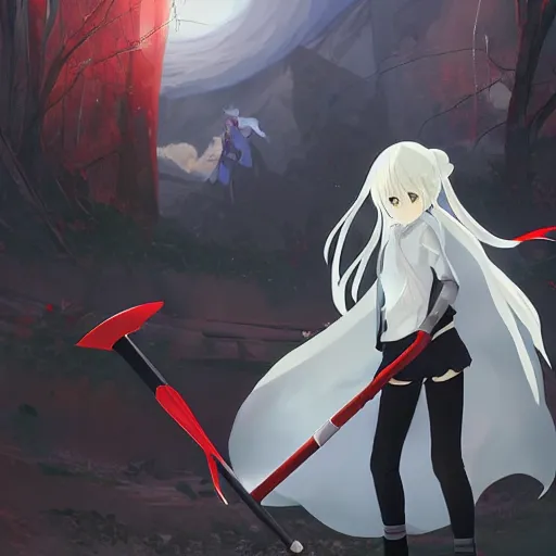 Prompt: advanced digital anime art, white haired girl with a red hooded cloak holding a 5 feet scythe fighting the Grimm reaper in a ruined city, filmic lighting , by Makoto Shinkai. —W 1920 —H 1080