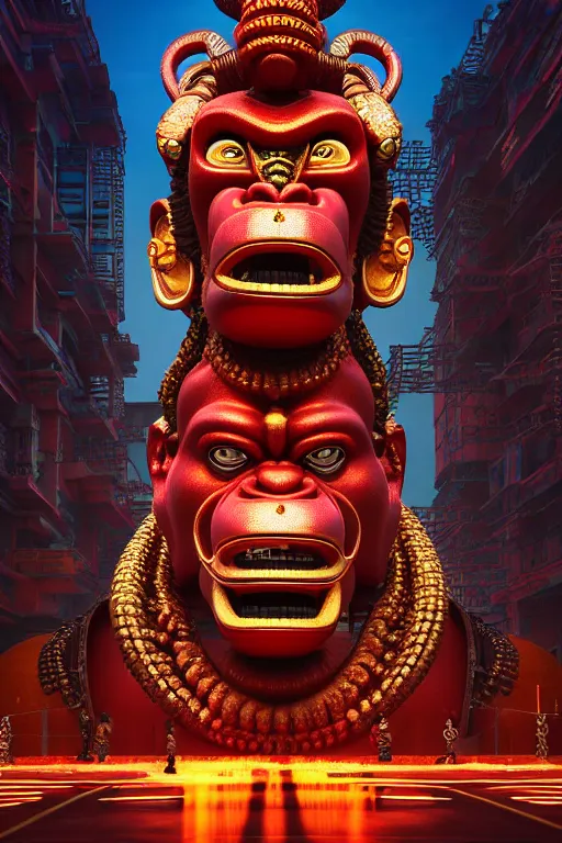 Image similar to high quality 3 d render post - rococo cyberpunk hanuman! head building, neon madhubani, open mouth, highly detailed, in sci - fi new delhi, cinematic smooth unreal engine, lee madgwick & liam wong, dramatic light, low angle, uhd 8 k, sharp focus