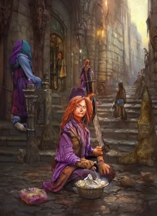 Image similar to female poor beggar on the streets unclean, ultra detailed fantasy, dndbeyond, bright, colourful, realistic, dnd character portrait, full body, pathfinder, pinterest, art by ralph horsley, dnd, rpg, lotr game design fanart by concept art, behance hd, artstation, deviantart, hdr render in unreal engine 5