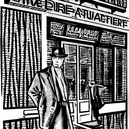 Image similar to A LA noir detective in the style of crosshatching.