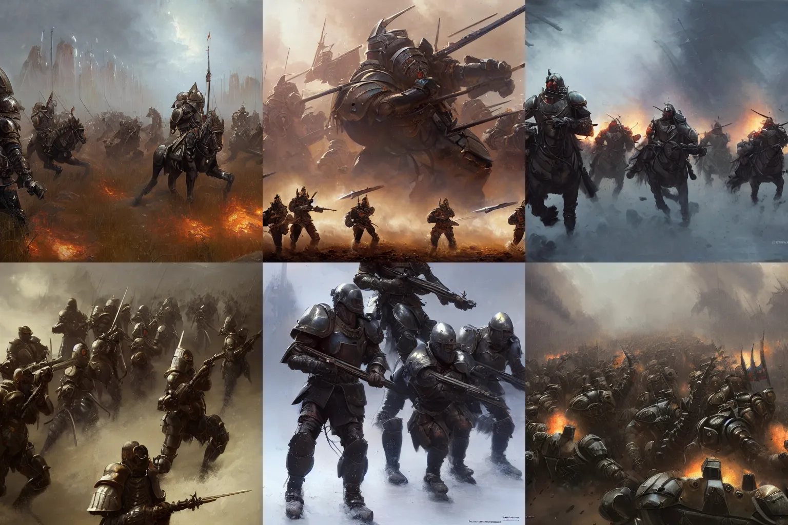Prompt: a mercenary company wearing gambesons and half-plate armor charging into battle screaming fiercely, by Greg Rutkowski Thomas Kincade, detailed, 4k, cinematic, intense, gritty, emotions visible, symmetrical bodies and faces