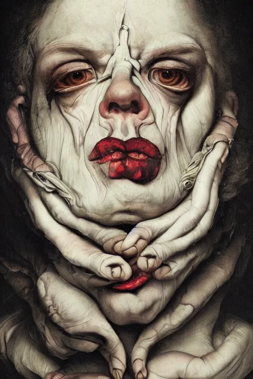 Prompt: Detailed maximalist portrait with large lips and with large white eyes, angry, exasperated expression, extra fleshy hands, HD mixed media, 3D collage, highly detailed and intricate, surreal illustration in the style of Caravaggio, dark art, baroque