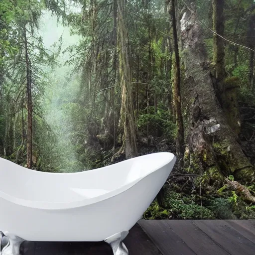 Image similar to pristine porcelain bath filled with bubbles in a clearcut rainforest, slash and burn, cleared forest, deforestation, bubble bath, tree stumps, smouldering charred timber