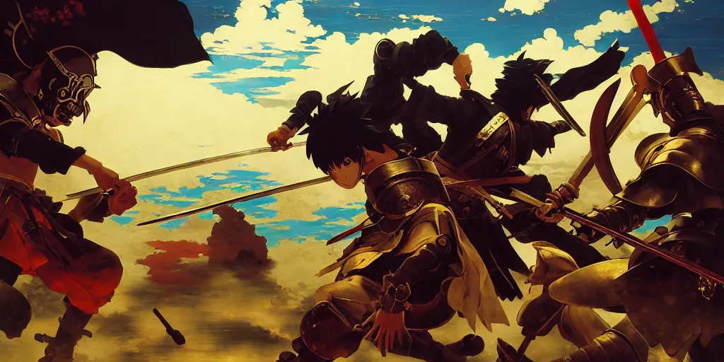 Image similar to baroque oil painting of key visual samurai battle, japanese armor, brutalist fantasy, realism, rule of thirds golden ratio, fake detail, trending pixiv fanbox, acrylic palette knife, style of makoto shinkai ghibli takashi takeuchi yoshiyuki sadamoto jamie wyeth james gilleard greg rutkowski chiho aoshima