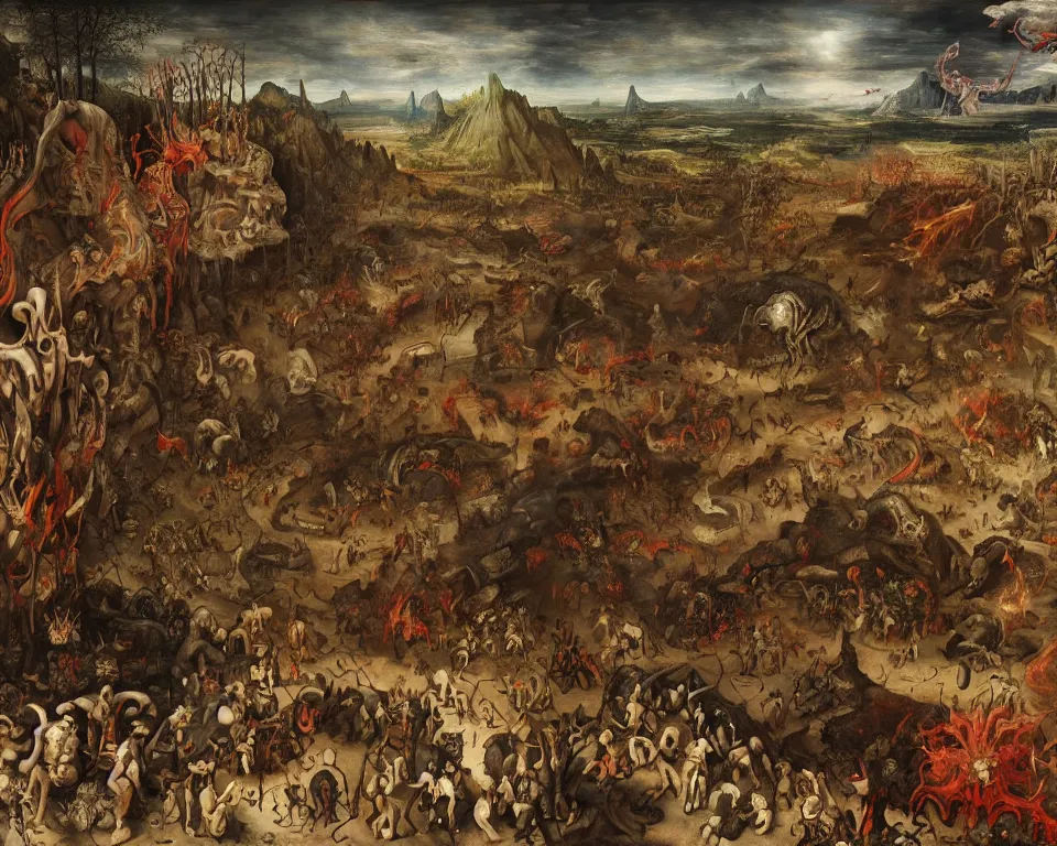 Image similar to doom eternal by jakub rozalski, garden of eternal delights hell by hieronymus bosh, zoom on triumph of death by pieter brueghel, doom eternal by hieronymus bosh