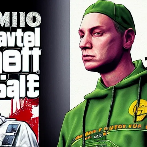 Image similar to eminem in gta v, cover art by stephen bliss, loading screen, box art