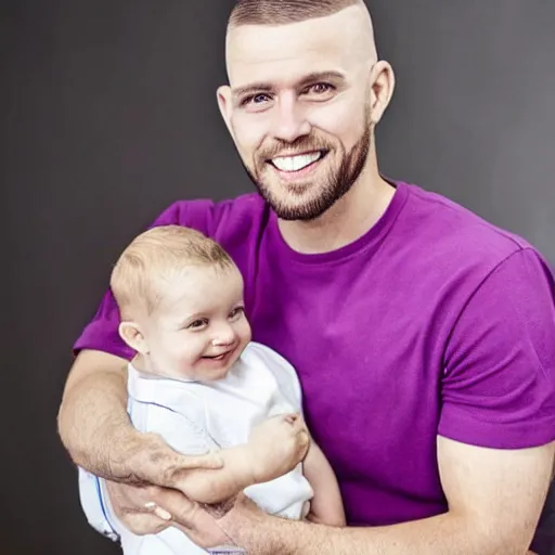 Prompt: a photo of a white man with a mid fade haircut that is happy with his 3 month year old baby boy.
