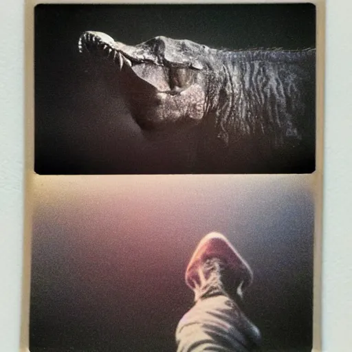 Image similar to last selfie of t - rex before comet hits the ground, polaroid, scratch and dust