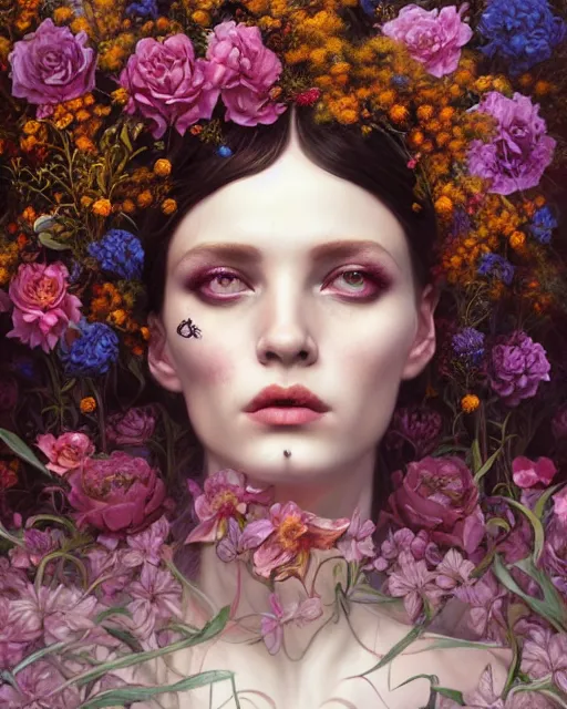 Image similar to portrait of the queen of the underworld, surrounded by flowers by karol bak, james jean, tom bagshaw, rococo, trending on artstation, cinematic lighting, hyper realism, octane render, 8 k, hyper detailed.