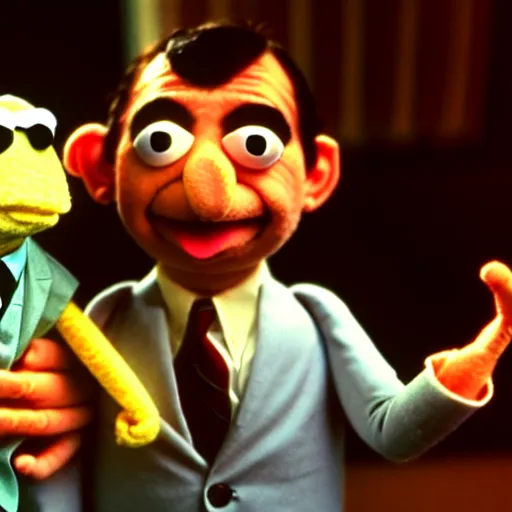 Prompt: mr. bean as a muppet from the muppet show. movie still. cinematic lighting.