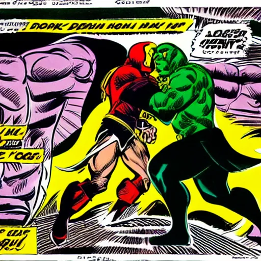 Image similar to doctor doom fighting off darkseid, art by jack kirby, steranko, ditko