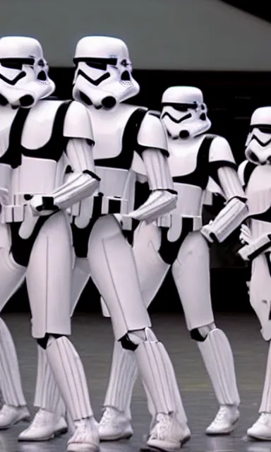 Image similar to radio city rockettes kicking while wearing stormtrooper helmets