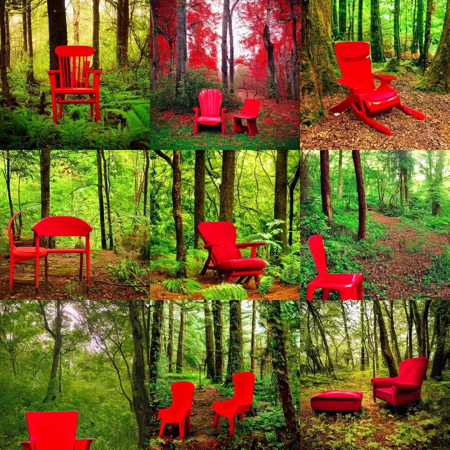 Prompt: a beautiful lush forest with a red chair