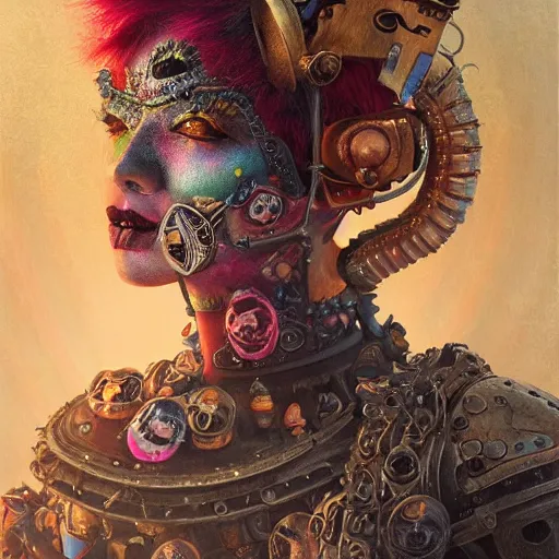 Prompt: photorealistic portrait of a curiosities carnival, single doll punk in a full gothic armor, multiple dyed colors haircut, heroic, symmetry accurate features, focus, rainbow lighting, very intricate details, award winning masterpiece, by tom bagshaw, ultra deep fog background