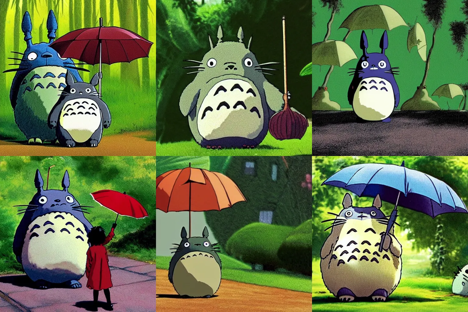 Prompt: totoro from the movie my neighbor totoro standing under a large leaf that is being used as an umbrella