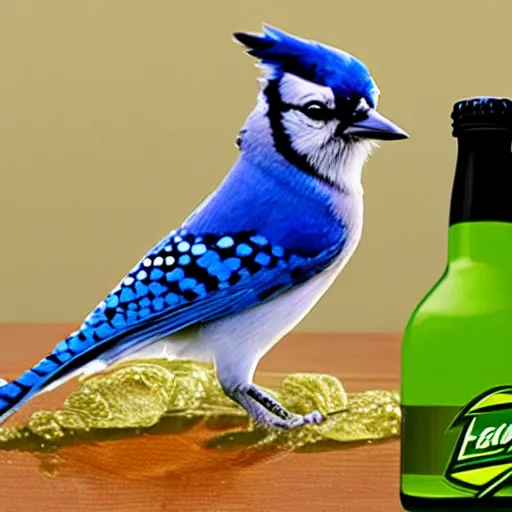 Image similar to bluejay next to a bottle of mountain dew