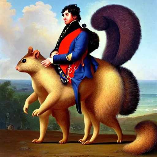 Prompt: a giant fluffy squirrel carrying napoleon bonaparte on its back, beach scene, flowers and foliage, detailed oil painting