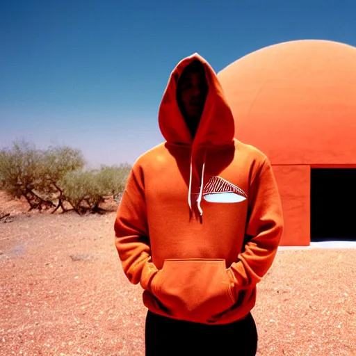 Image similar to a man wearing a salmon hoodie sitting outside a Non-Euclidean orb-like clay house sitting in the desert, vintage photo, beautiful cinematography, blue sky, film grain, James Turrell