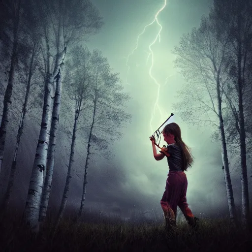 Prompt: young girl playing flute, birch forest clearing, storm at night, lightning dragons attack, low angle facing sky, cinematic, dramatic lighting, big storm clouds, high contrast, artstation, fine art, greg rutowski