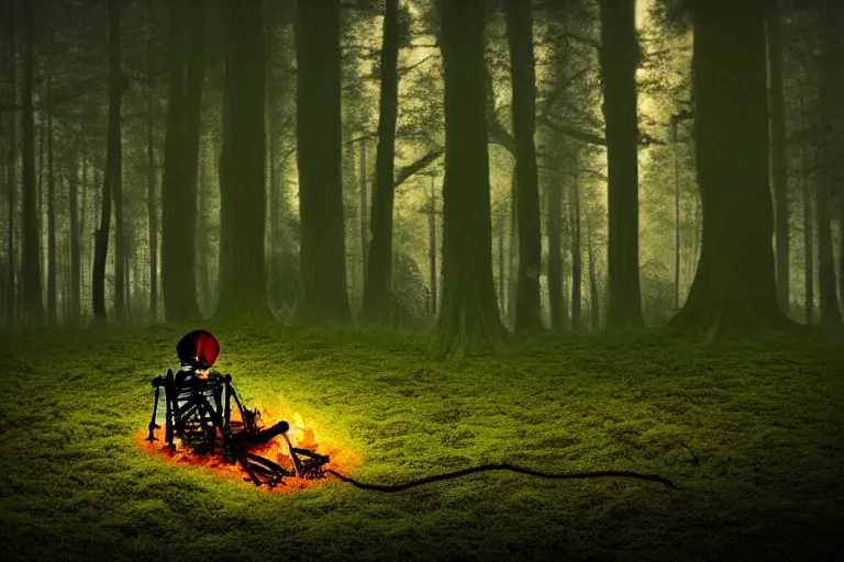 Image similar to a burning with fire human skeleton sitting behind computer, overgrown with moss, in foggy forest, at night with moon light, dark atmosphere, fantasy, digital art