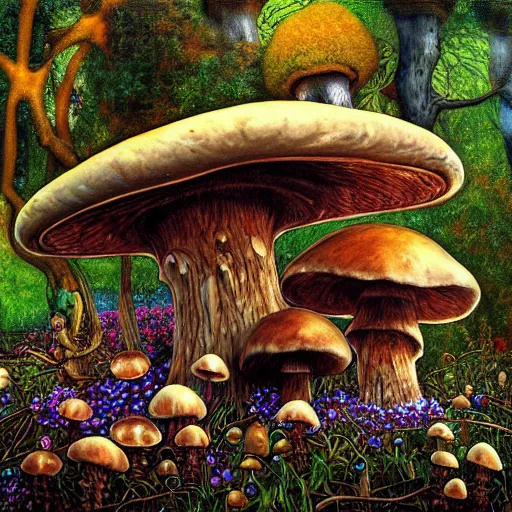 Prompt: mushrooms growing out of a deer skull by tyler edlin, synthwave colors, gustav klimt