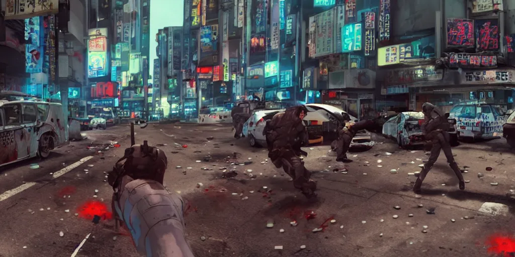 Image similar to 1991 Video Game Screenshot, Anime Neo-tokyo Cyborg bank robbers vs police shootout, bags of money, Police officer hit, Bullet Holes and Blood Splatter, Hostages, Smoke Grenade, Sniper, Chaotic, Cyberpunk, Anime VFX, Machine Gun Fire, Violent, Action, Fire fight, FLCL, Free-fire, Highly Detailed, 8k :4 by Katsuhiro Otomo + Studio Gainax + Arc System Works : 8