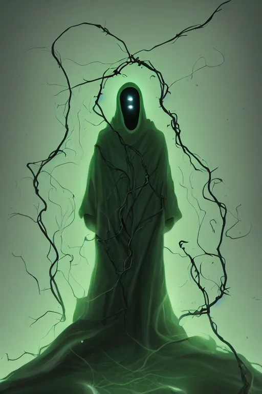 Image similar to A full body portrait of a mysterious character with no face, glowing eyes and a very long hooded dark green cloak, vines coming out the ground art by Shaddy Safadi and Jason Chan, ominous, cosmic horror, trending on artstation, Ultra detailed, hyper realistic 4k