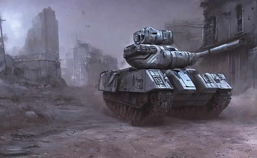 Image similar to A cybernetic tank driving down a dirt street, cinematic, epic