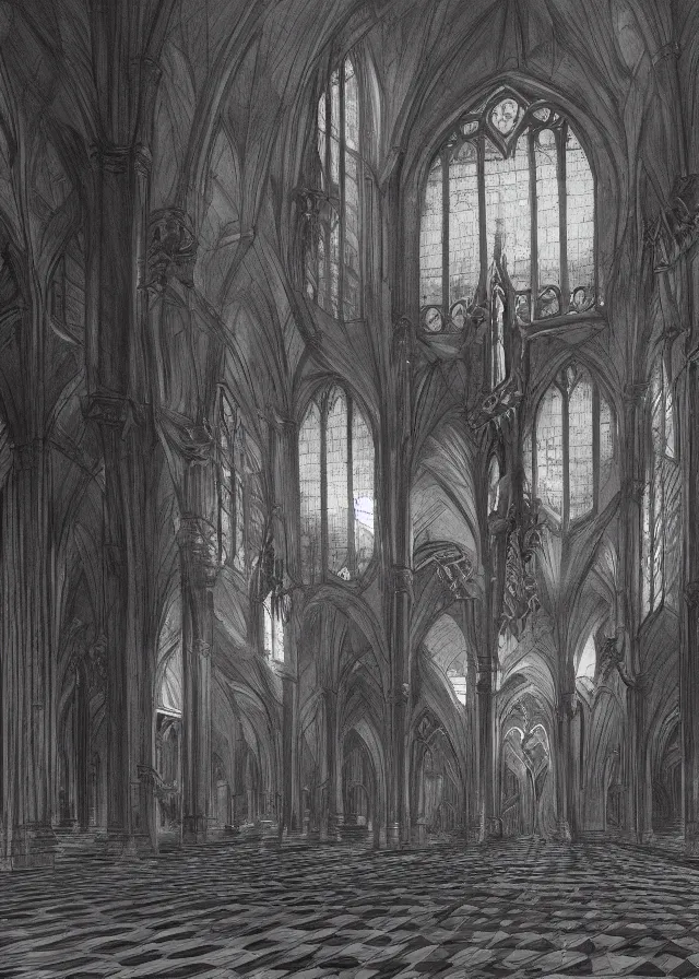 Prompt: interior of a satanic cathedral with checkered floor, pencil, concept art, detailed, 4k, artstation