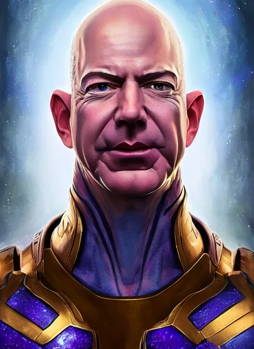 Image similar to portrait of jeff bezos as thanos, au naturel, hyper detailed, digital art, trending in artstation, cinematic lighting, studio quality, smooth render, unreal engine 5 rendered, octane rendered, art style by klimt and nixeu and ian sprigger and wlop and krenz cushart.