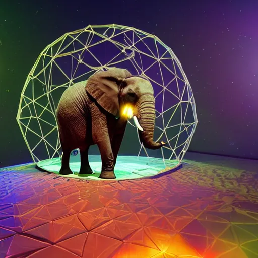 Image similar to a hyperrealistic 3D octane render of an elephant wearing virtual reality goggles playing a synthesizer inside of a geodesic dome planetarium with planets and galaxies, trending on artstation, 8k, 4K, dramatic lighting, glowing, volumetric lighting, ray tracing, unreal engine