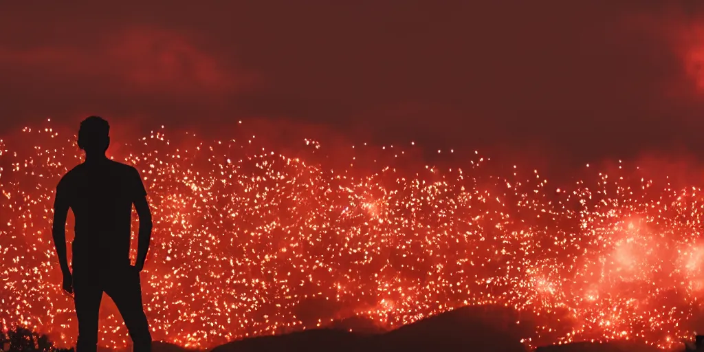 Image similar to Film still. Silhouette of young man. From behind. Centered. At night. Hills in the distance. Red fireworks far off in the sky. Cinematic lighting.