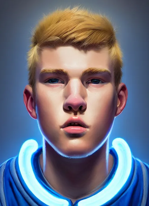 Prompt: portrait of high school senior boy named big moose, blonde short hair, jock, beefy, wide face, square jaw, square facial structure, blue varsity jacket with letter r, intricate, elegant, glowing lights, highly detailed, digital painting, artstation, concept art, sharp focus, illustration, art by wlop, mars ravelo and greg rutkowski