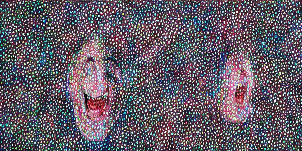 Image similar to camo made of teeth, smiling, abstract, francis bacon artwork, tribal, neon, cryptic, dots, stipple, lines, splotch, color tearing, pitch bending, faceless people, dark, ominous, eerie, minimal, points, technical, old painting