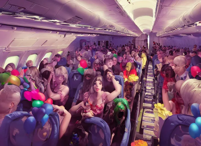 Image similar to boeing 737 cabin, many zombies, birthday party, party hats, string of balloons, one big birthday cake, realistic, insanely detailed, wide angle, Unreal 5 engine, trending on artstation, by Huang Guangjian and Gil Elvgren and Sachin Teng