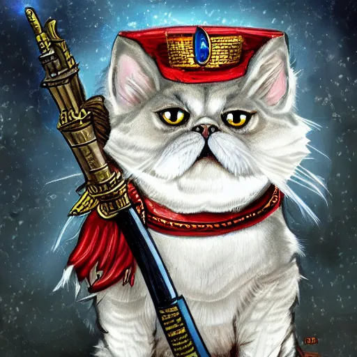 Image similar to a fantasy game portrait of a persian cat. the persian cat has a determined expression and is holding a bazooka. highly detailed and trending on art station.