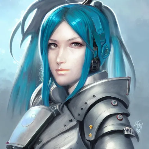 Image similar to portrait of a warhammer 4 0 k miku hatsune, epic, tragic, military art, fantasy, dieselpunk, hd shot, digital portrait, beautiful, artstation, comic style, by artgerm, guy denning, jakub rozalski, magali villeneuve and charlie bowater