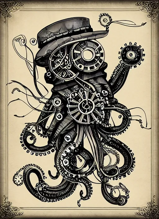 Prompt: steampunk clockwork robotic octopus, hand drawn illustration, old - fashioned poster style, highly detailed vector art