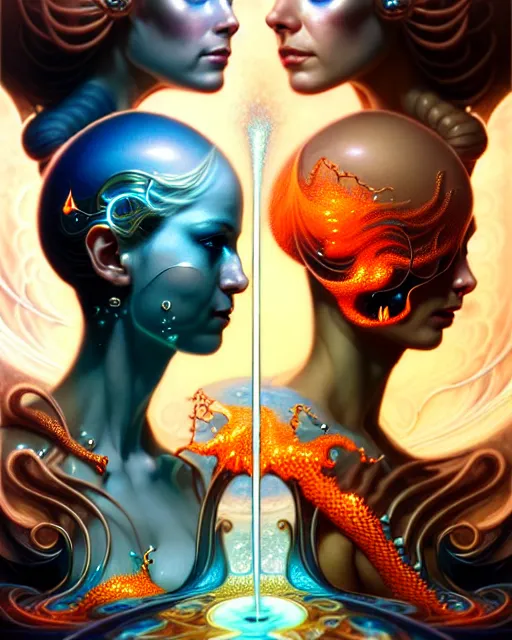 Image similar to a portrait of gemini water and fire fantasy character portrait made of fractals facing each other, ultra realistic, wide angle, intricate details, the fifth element artifacts, highly detailed by peter mohrbacher, hajime sorayama, wayne barlowe, boris vallejo, aaron horkey, gaston bussiere, craig mullins