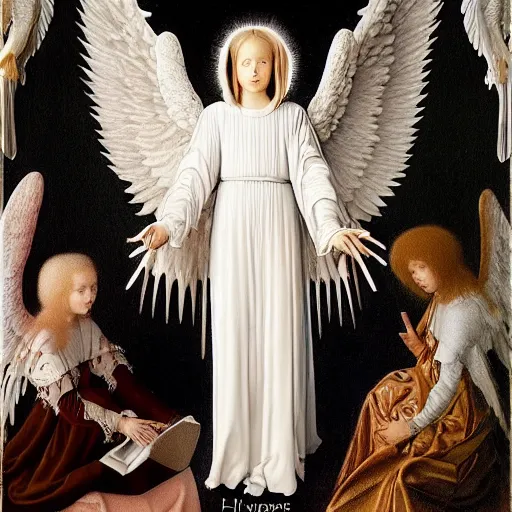 Image similar to highdetailed hyperrealistic painting of white angel!!! no gender smiling noface!!!, light instead of hands, white sparkles everywhere, 4 k hd face!!!, big silver high detailed wings!!!, renaissance, by jan van eyck, holography space, glow effect, large strokes, monochrome!!!!!