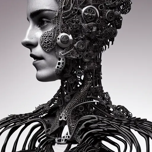 Prompt: beatifull closeup of face shoulders of biomechanical emma watson sculpture, fractal, intricate, elegant, highly detailed, ornate, elegant, luxury, beautifully lit, ray trace grinning vogue fashion shoot by peter lindbergh fashion poses detailed professional studio lighting dramatic shadows professional photograph by nick knight & show studio styling